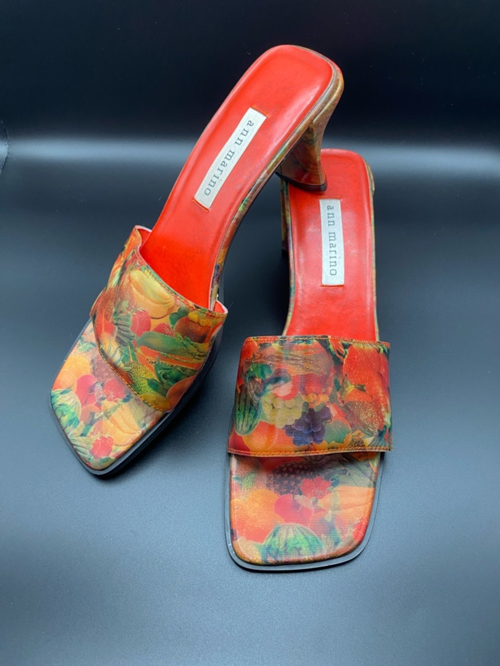 Ann Marino Orange-Red Floral Square Toe Slide Heels